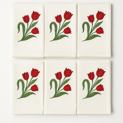 Roselle Bloom Embroidered Cotton Napkins Set of 6 | Floral Dining Decor
