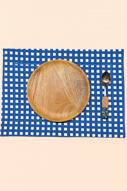 Blue Gingham Cotton Table Mats Set of 6 | Classic Check Dining Decor