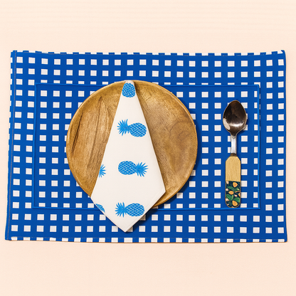 Blue Gingham Cotton Table Mats Set of 6 | Classic Check Dining Decor