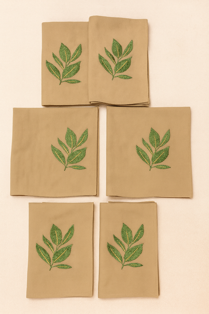 Verdant Charm Embroidered Cotton Napkins Set of 6 | Green Dining Decor