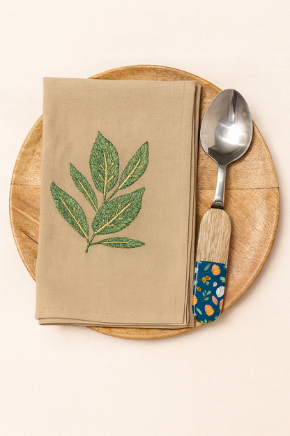 Verdant Charm Embroidered Cotton Napkins Set of 6 | Green Dining Decor