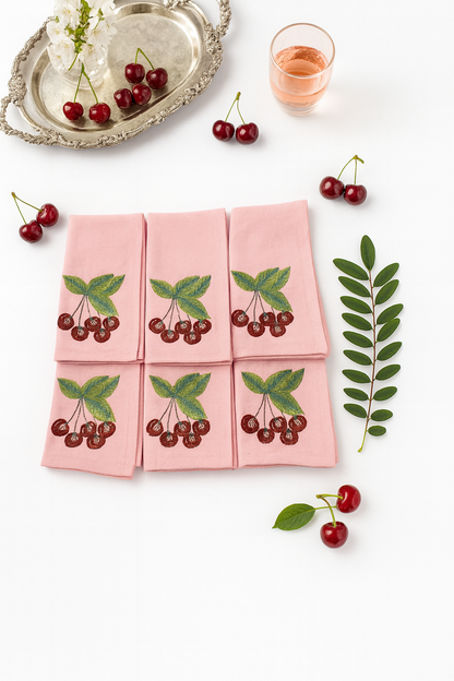 Rose Cherry Embroidered Cotton Napkins Set of 6 | Elegant Dining
