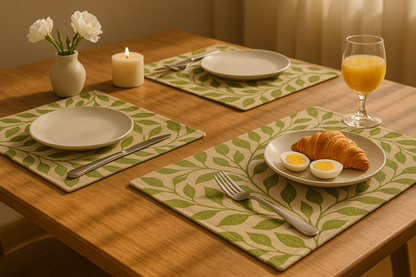 Botanic Bliss Green Leaf Cotton Placemats Set of 6 | Dining Decor