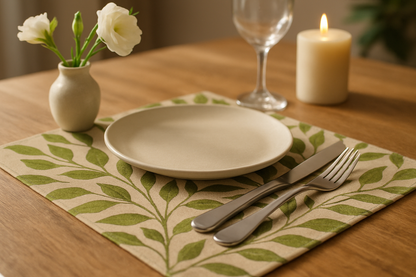 Botanic Bliss Green Leaf Cotton Placemats Set of 6 | Dining Decor