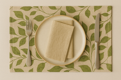 Botanic Bliss Green Leaf Cotton Placemats Set of 6 | Dining Decor