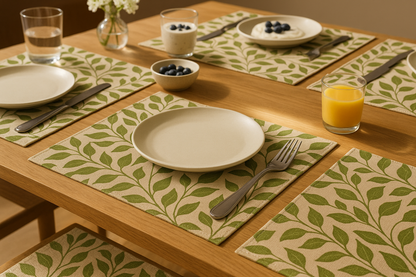 Botanic Bliss Green Leaf Cotton Placemats Set of 6 | Dining Decor