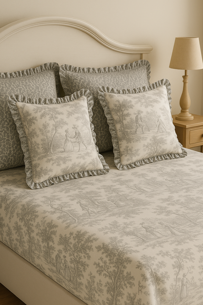 Grey Toile de Jouy Cotton Bedsheet Set of 5 | Luxury French Print Bedding