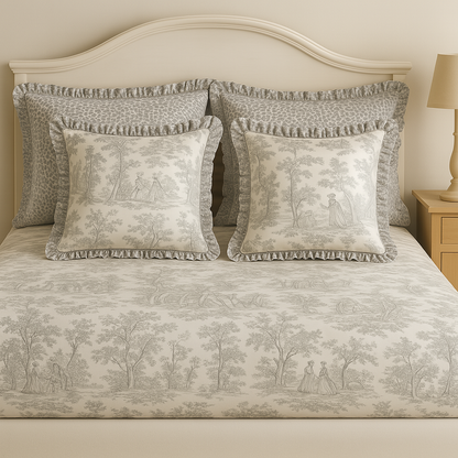 Grey Toile de Jouy Cotton Bedsheet Set of 5 | Luxury French Print Bedding