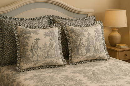 Grey Toile de Jouy Cotton Bedsheet Set of 5 | Luxury French Print Bedding