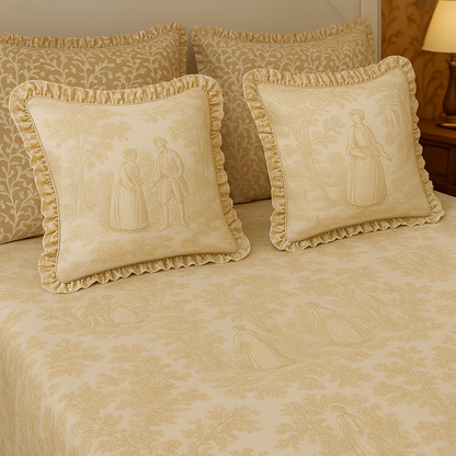 Beige Toile de Jouy Cotton Bedsheet Set of 5 | Luxury French Print Bedding