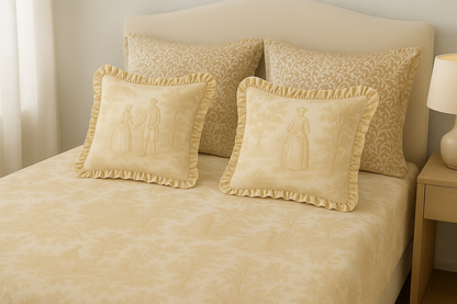 Beige Toile de Jouy Cotton Bedsheet Set of 5 | Luxury French Print Bedding