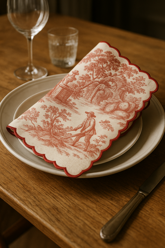 Toile Print with Hand Embroidered Scallop Red Table Napkin set of 6