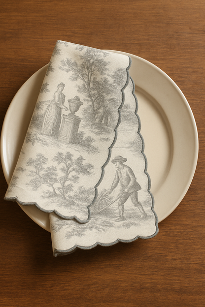 Grey Toile de Jouy Embroidered Scallop Napkins Set of 6 - Viraasa luxury French dining