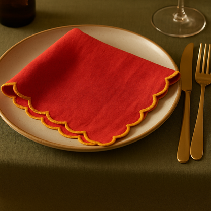 Royal Festive Scallop Embroidered Cotton Napkins Set of 6 | Dining Decor
