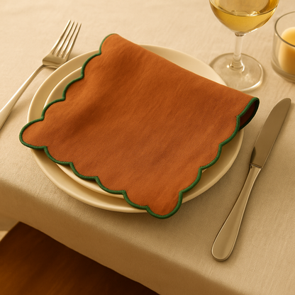 Rustic Charm Scallop Embroidered Cotton Napkins Set of 6 | Dining Decor