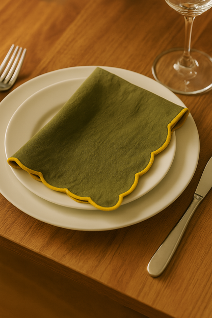 Olive Gold Scallop Embroidered Cotton Napkins Set of 6 | Dining Decor