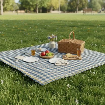 Blue Gingham Cotton Picnic Mat| Classic Check Print