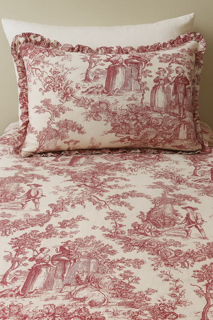 Red Toile bedsheet styled on bed - Viraasa luxury bedroom