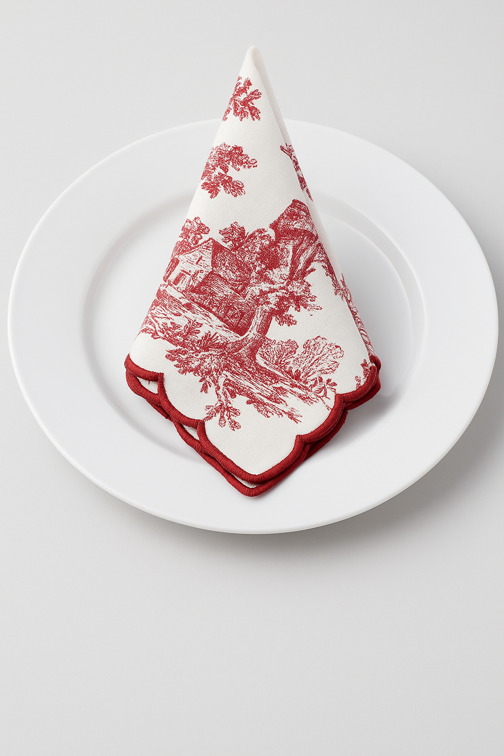 Toile Print with Hand Embroidered Scallop Red Table Napkin set of 6