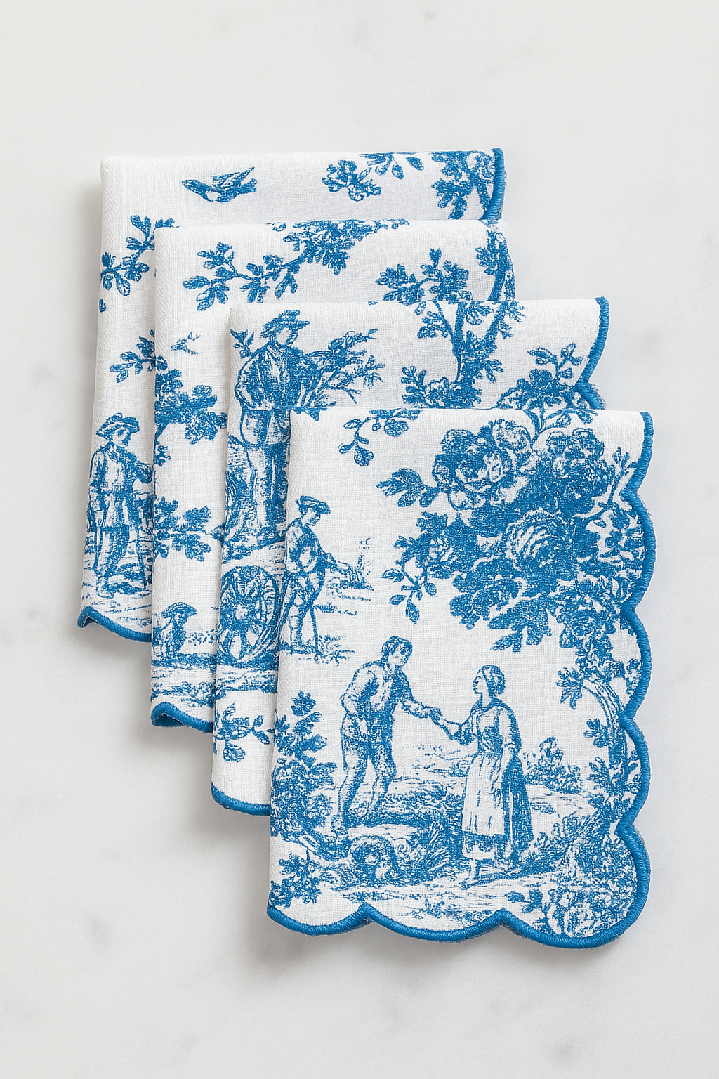 Toile Print with Hand Embroidered Scallop Blue Table Napkin Set of 6