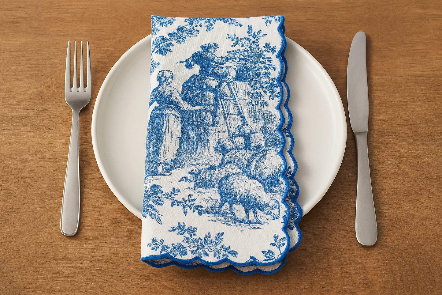 Toile Print with Hand Embroidered Scallop Blue Table Napkin Set of 6