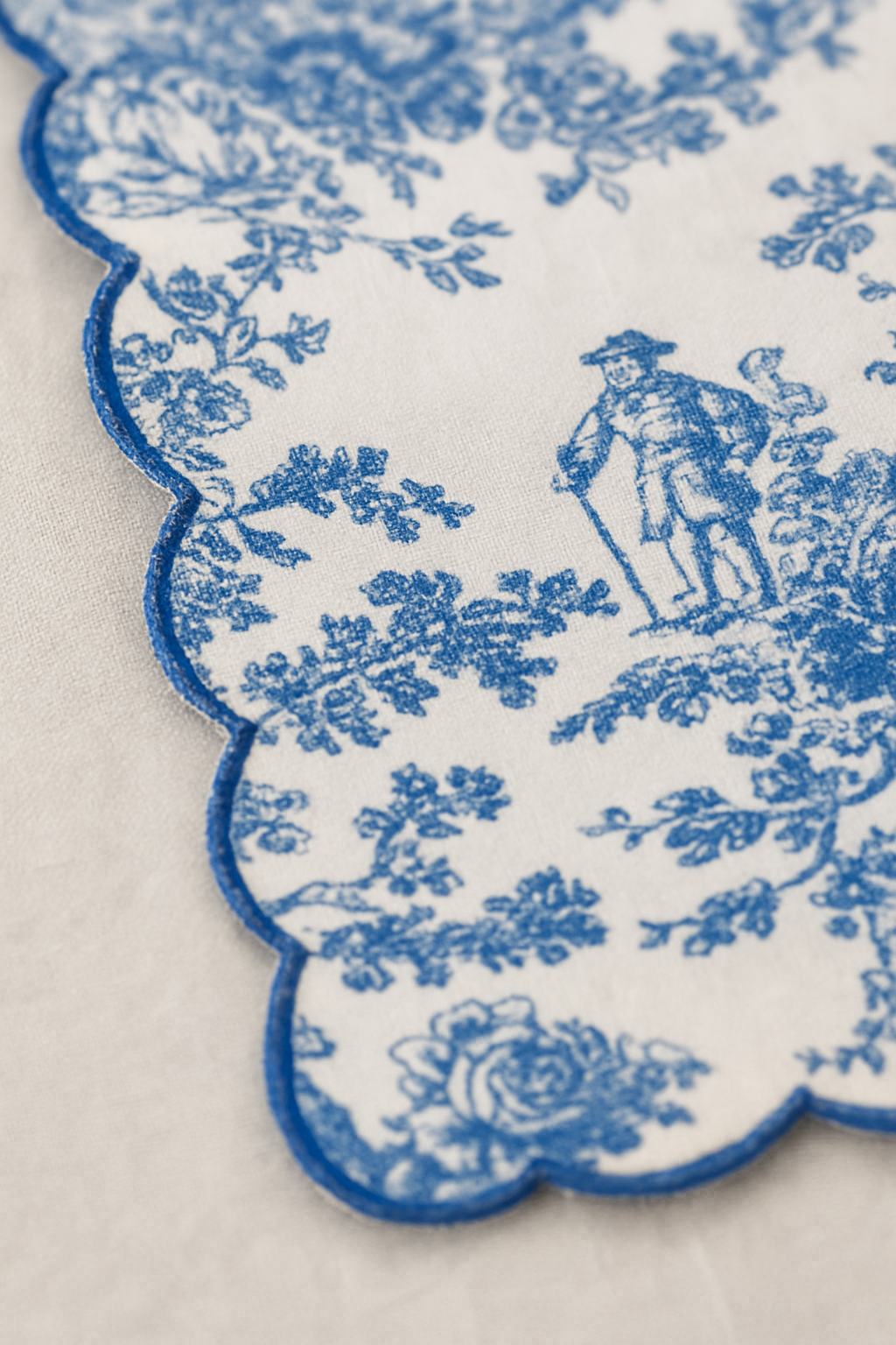 Toile Print with Hand Embroidered Scallop Blue Table Napkin Set of 6