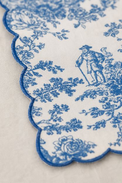Folded blue Toile de Jouy napkin set - Viraasa luxury dining