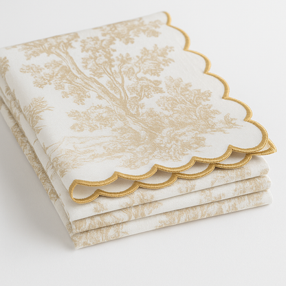 Embroidered scallop edge close-up on beige napkin - Viraasa