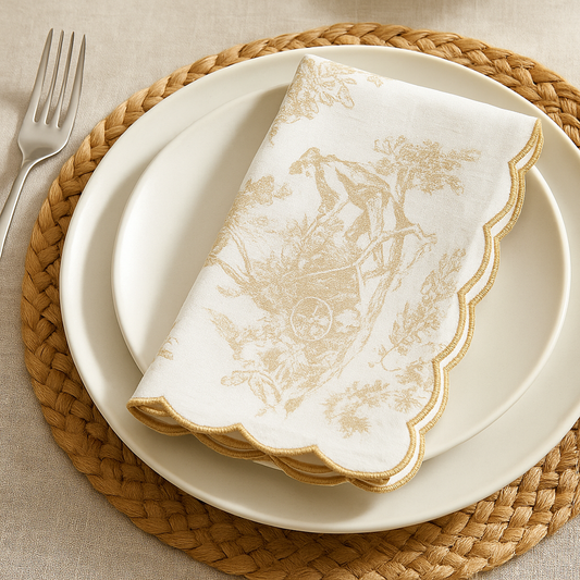 Toile Print with Hand Embroidered Scallop Golden Table Napkin Set of 6