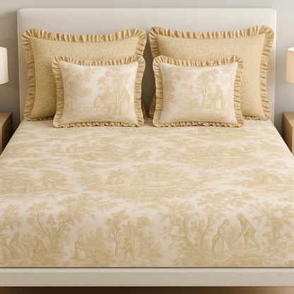 Beige Toile de Jouy Cotton Bedsheet Set of 5 | Luxury French Print Bedding