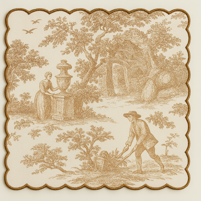 Brown Toile de Jouy Hand-Embroidered Scallop Napkins Set of 6 | French Dining