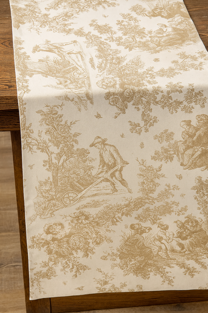 Beige Toile cotton runner folded view - Viraasa luxury linens