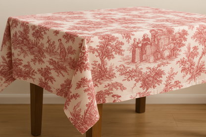 Close-up of Red Toile cotton tablecloth - Viraasa luxury home