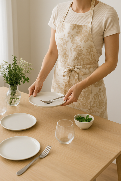 Brown Toile de Jouy Cotton Apron | Premium French Print Kitchen Apron