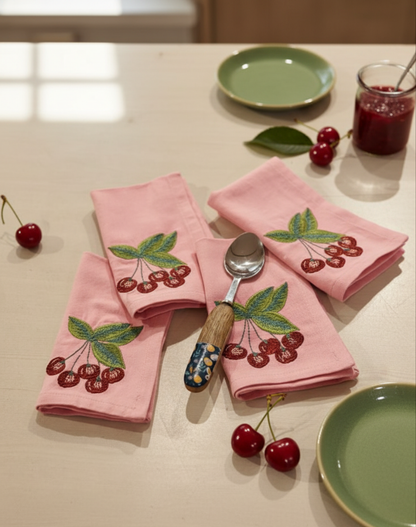 Rose Cherry Embroidered Cotton Napkins Set of 6 | Elegant Dining