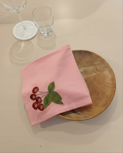 Rose Cherry Embroidered Cotton Napkins Set of 6 | Elegant Dining