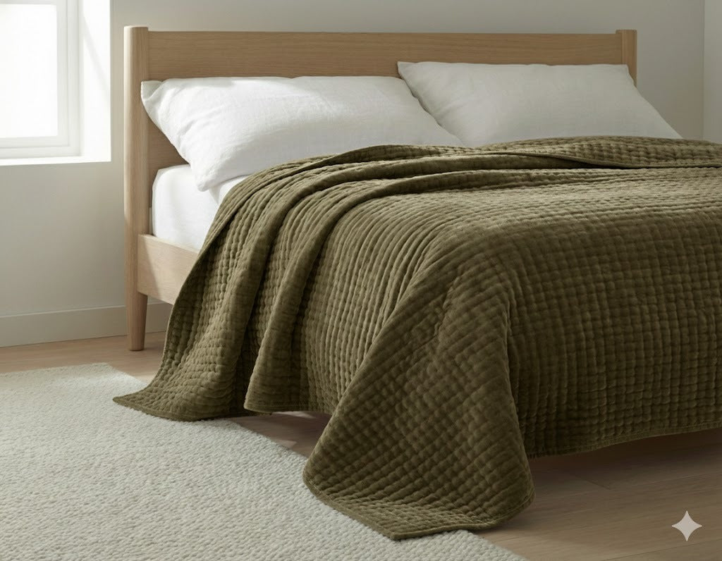Olive Velvet Quilted Bedcover Set | Premium Cotton Velvet Bedding