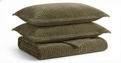 Olive Velvet Quilted Bedcover Set | Premium Cotton Velvet Bedding