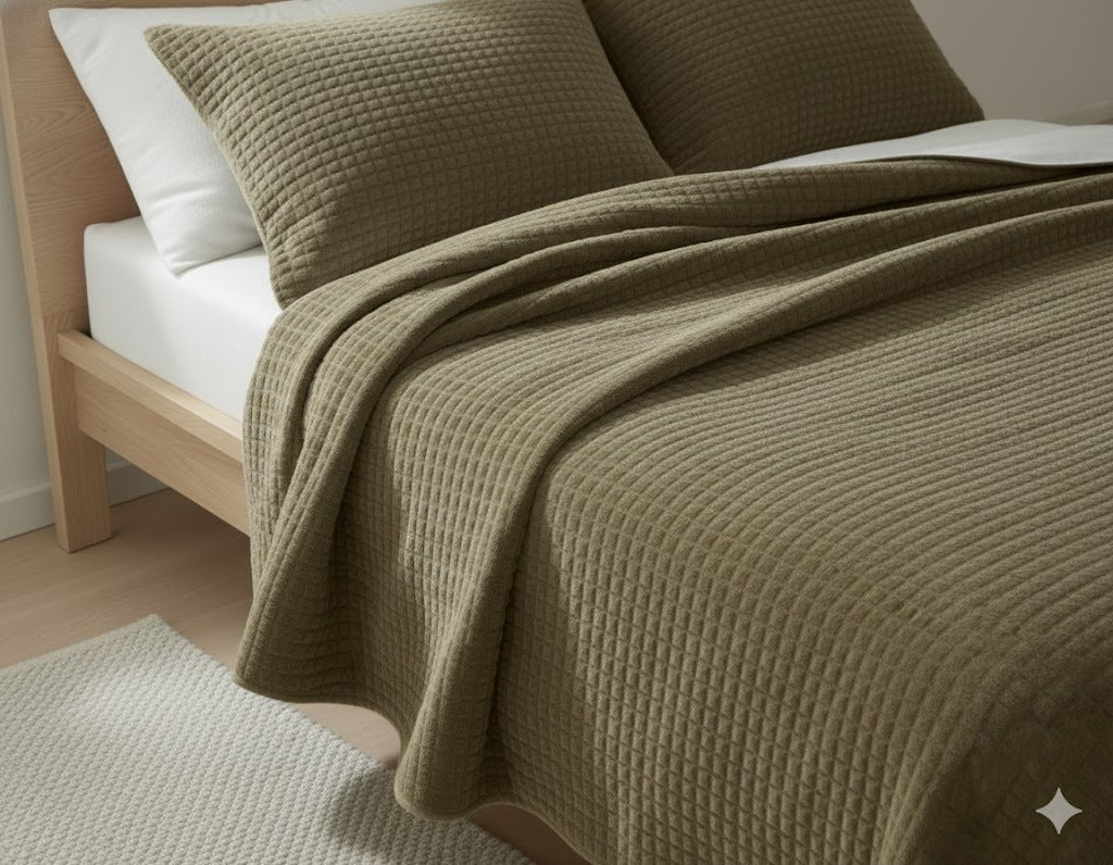 Olive Velvet Quilted Bedcover Set | Premium Cotton Velvet Bedding