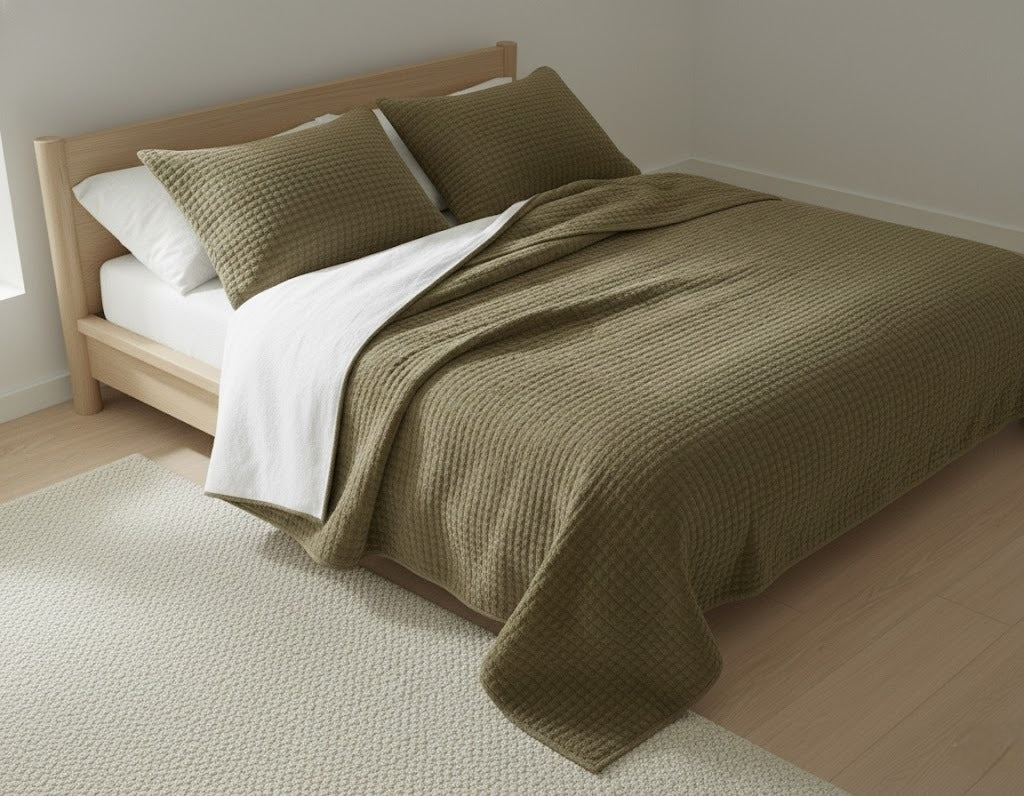 Olive Velvet Quilted Bedcover Set | Premium Cotton Velvet Bedding
