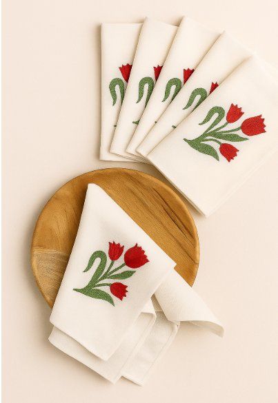 Roselle Bloom Embroidered Cotton Napkins Set of 6 | Floral Dining Decor