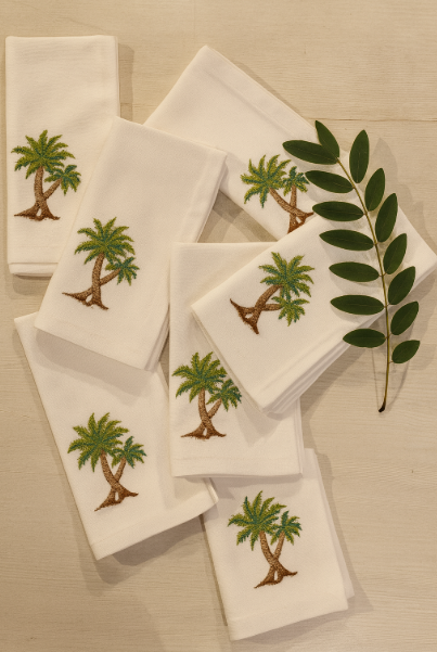 Coastal Charm Palm Embroidered Napkins Set of 6 | Tropical Dining