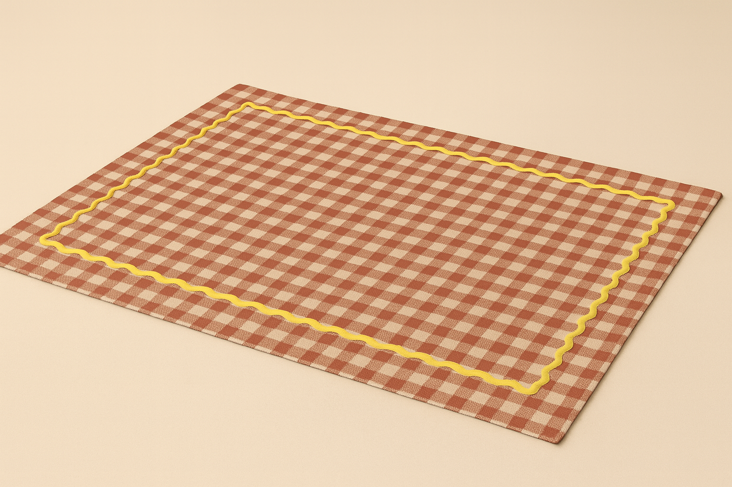 Checkered placemat with yellow border on a beige background