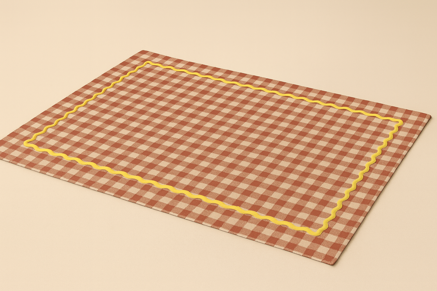 Checkered placemat with yellow border on a beige background