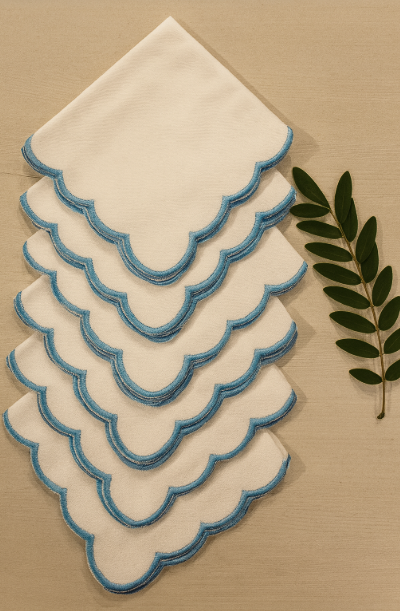Coastal Scallop Embroidered Cotton Napkins Set of 6 | Luxury Dining