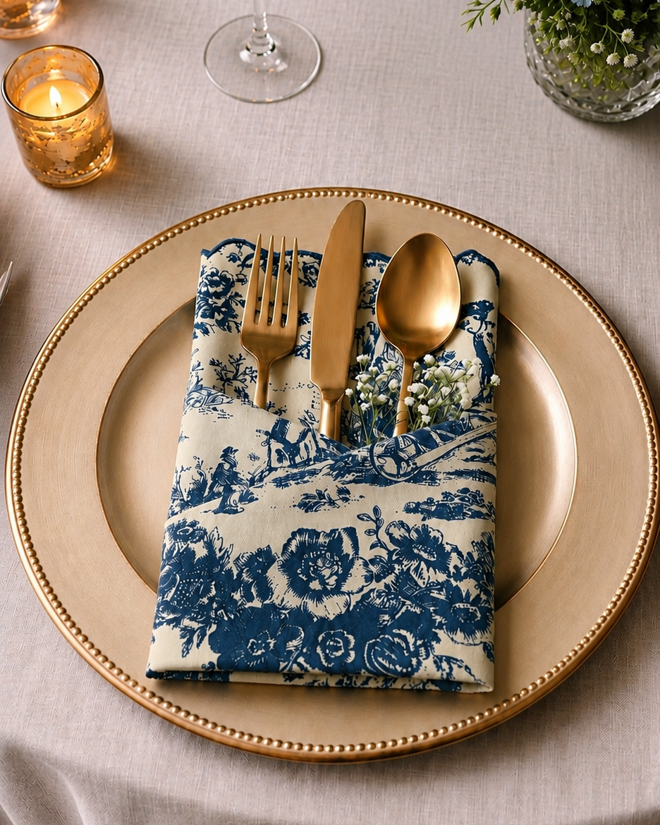 A styled table setting featuring a folded cream napkin with a blue toile de Jouy floral pattern, set on a gold charger plate with gold flatware and a candle in the background.