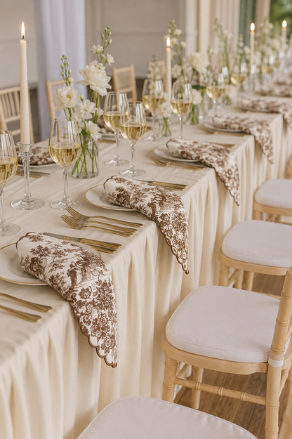 A long banquet table set with cream tablecloths, white plates, gold cutlery, wine glasses, floral centerpieces, and matching cream napkins with brown floral lace detailing, alongside light wood chairs with white cushions.