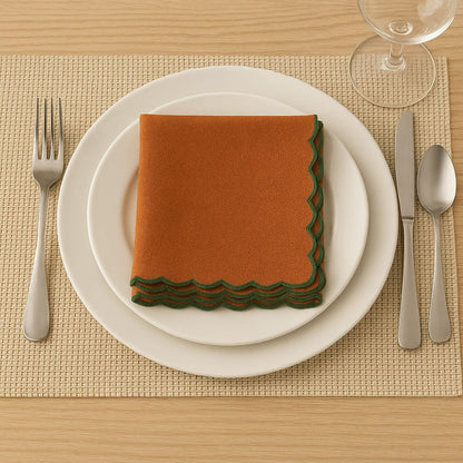Rustic Charm Scallop Embroidered Cotton Napkins Set of 6 | Dining Decor