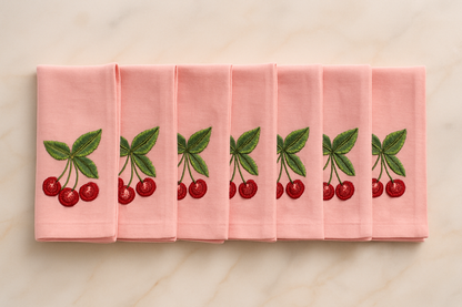 Rose Cherry Embroidered Cotton Napkins Set of 6 | Elegant Dining