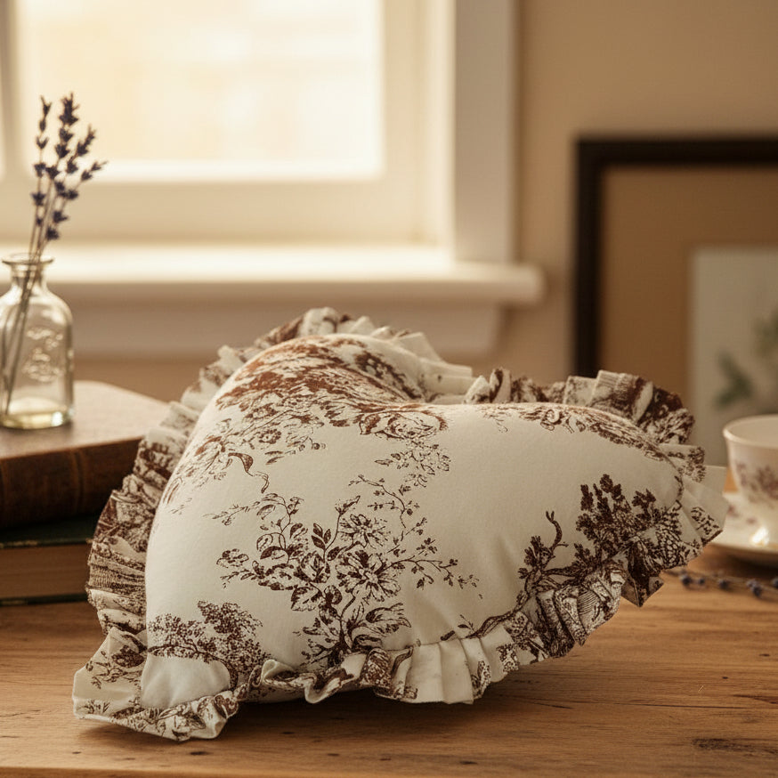 Brown Toile heart-shaped cushion print detail - Viraasa romantic home decor